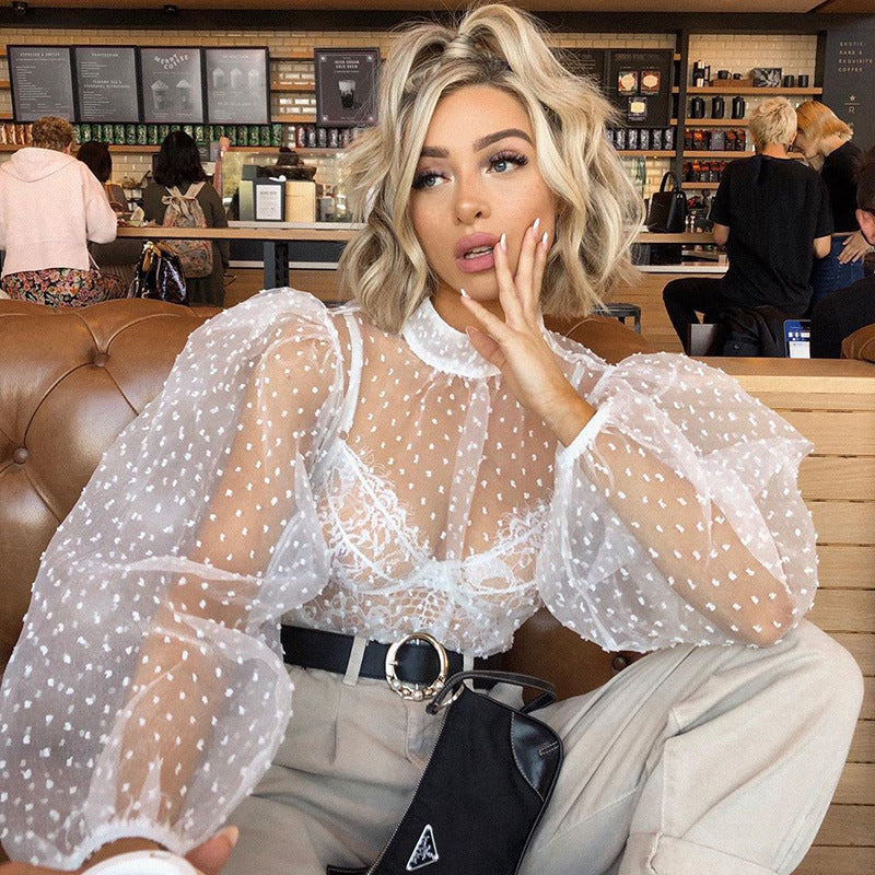 Sexy perspective lantern sleeve mesh gown